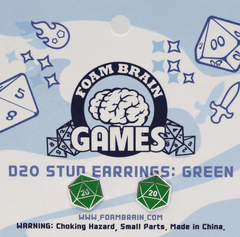 Foam Brain Dice: D20 Stud Earrings: Green FBG0841